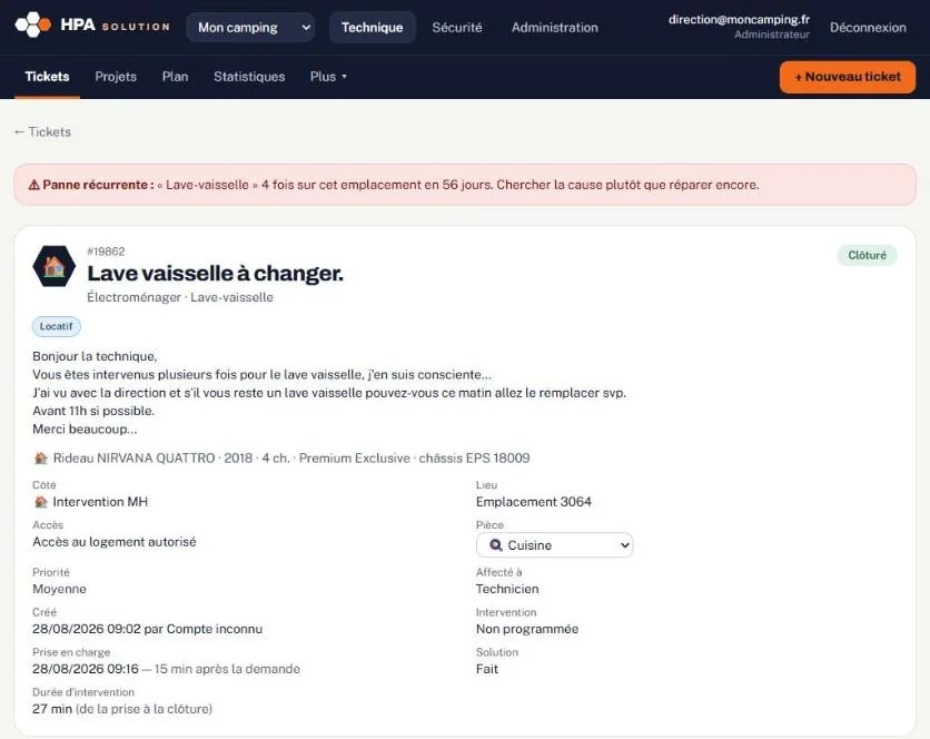 Fiche d'un ticket avec alerte de panne récurrente sur le même emplacement